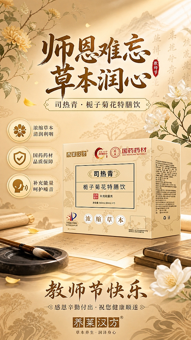 教师节草本养生饮品宣传海报，竖版9:16，国风雅致风格，米金暖色调。画面中下部为司热青栀子菊花特膳饮药品包装盒，药品包装盒100%还原上传商品图的产品外形、包装、LOGO、印刷文字、净含量，以上传图为唯一商品主体来源，完整保留原图中的盒型、轮廓、结构、比例、标签版式、品牌logo、产品名称文字、容量信息、材质质感、颜色与正面朝向，包装、配色、产品结构与标签布局均与上传图保持一致；正面朝向以品牌与标签主要信息清晰可读为准；设计仅作用于背景、光影、道具、版式和文字区；商品主体占比55%～65%，文字不遮挡主体。

背景为米金色渐变，点缀菊花、栀子、草本枝叶等国风植物纹样，搭配书卷、毛笔、砚台等教师节文人元素剪影，柔和光晕，顶部自然光+侧前方柔光，柔和浅淡阴影，三层空间层次分明，国风雅致氛围。

画面顶部主标题大字："师恩难忘 草本润心"，副标题："司热青·栀子菊花特膳饮"。画面左侧或右侧负空间放置三个卖点标签："浓缩草本 清润利咽"、"国药药材 品质保障"、"补充能量 呵护嗓音"。底部有"教师节快乐"节日祝福语和"养莱汉方"品牌小字。

版式精美，信息分区清晰，主次分明，整体温馨雅致有质感，适合朋友圈分享。画面中所有信息区域必须填充完整合理的内容，不得出现空白框、空白占位、横线待填写区域、空列表项、空单元格；确保是完整可用的成品海报而非待填写模板。画面中所有数字必须精确渲染，不得错位、遗漏或编造。