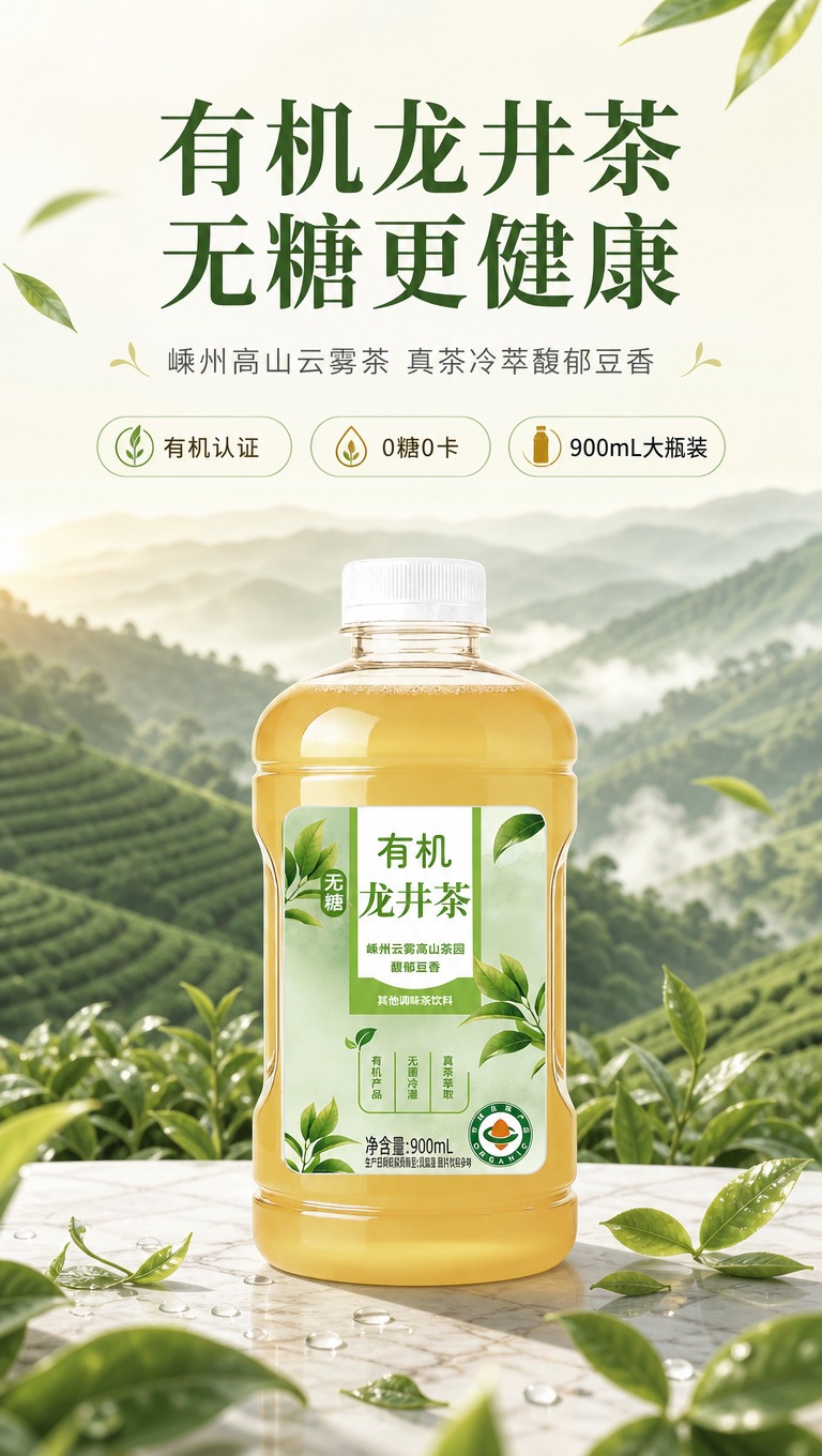 [商品] 使用【图1】有机龙井茶饮料瓶；保留透明PET瓶身、白… - 图片创意预览
