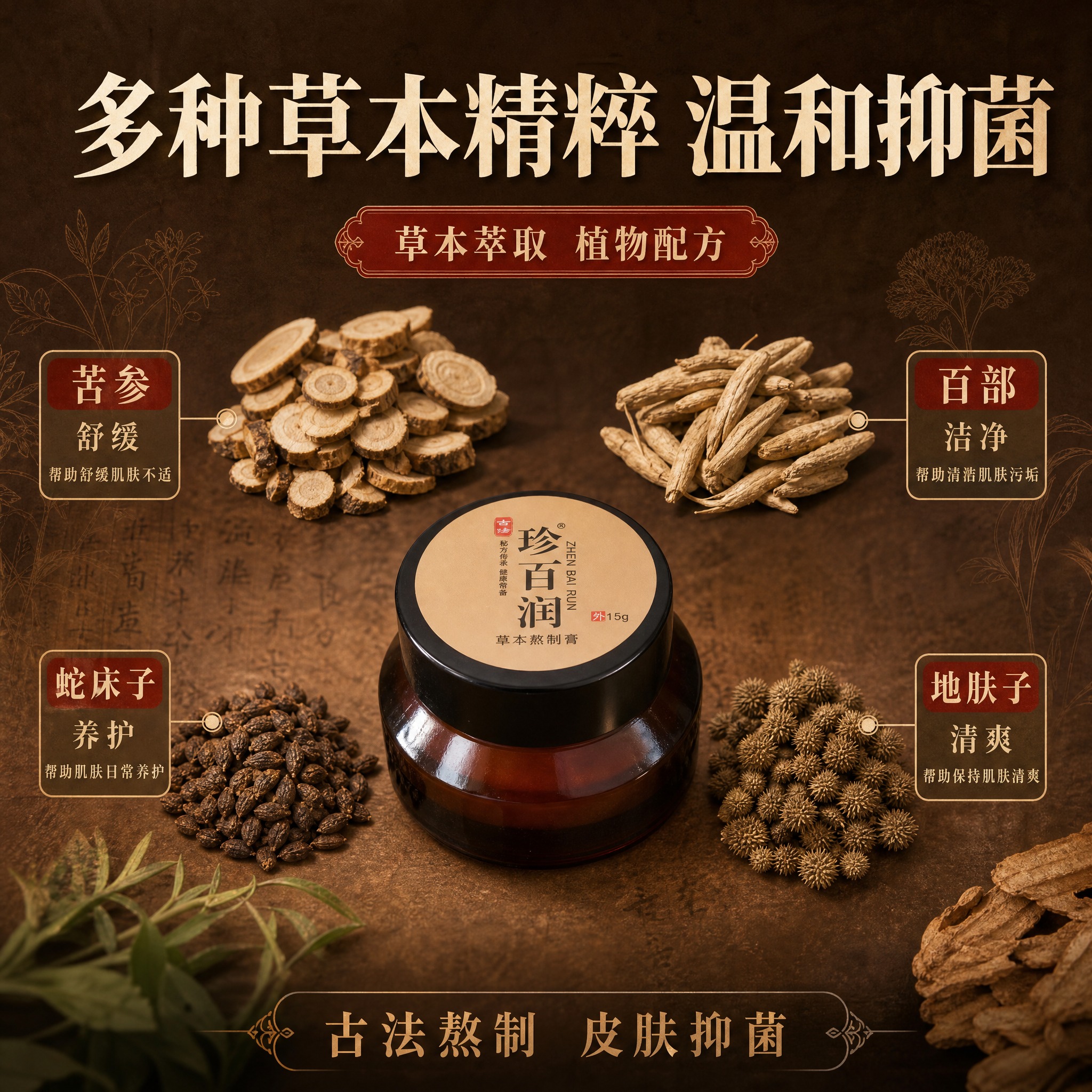 [主图-2] 珍百润草本熬制膏成分解析图，展示多种草本萃取与抑… - 图片创意预览