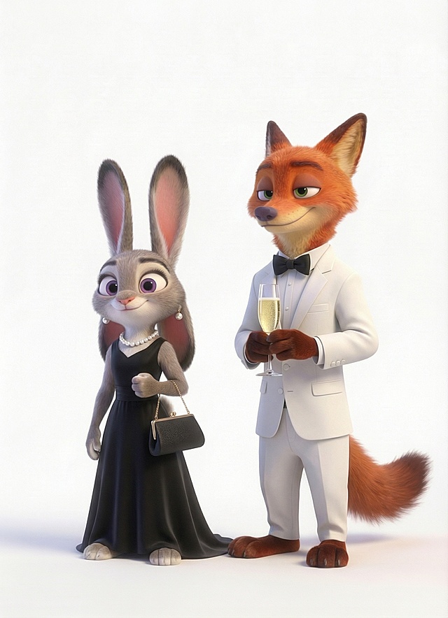 更改兔子朱迪和狐狸尼克的服装、配饰以及手上的东西，除此之外其他细节和参考图保持一致，包括动作、表情等细节。生成20张图，每张图的服装配饰和手上的东西都要不一样