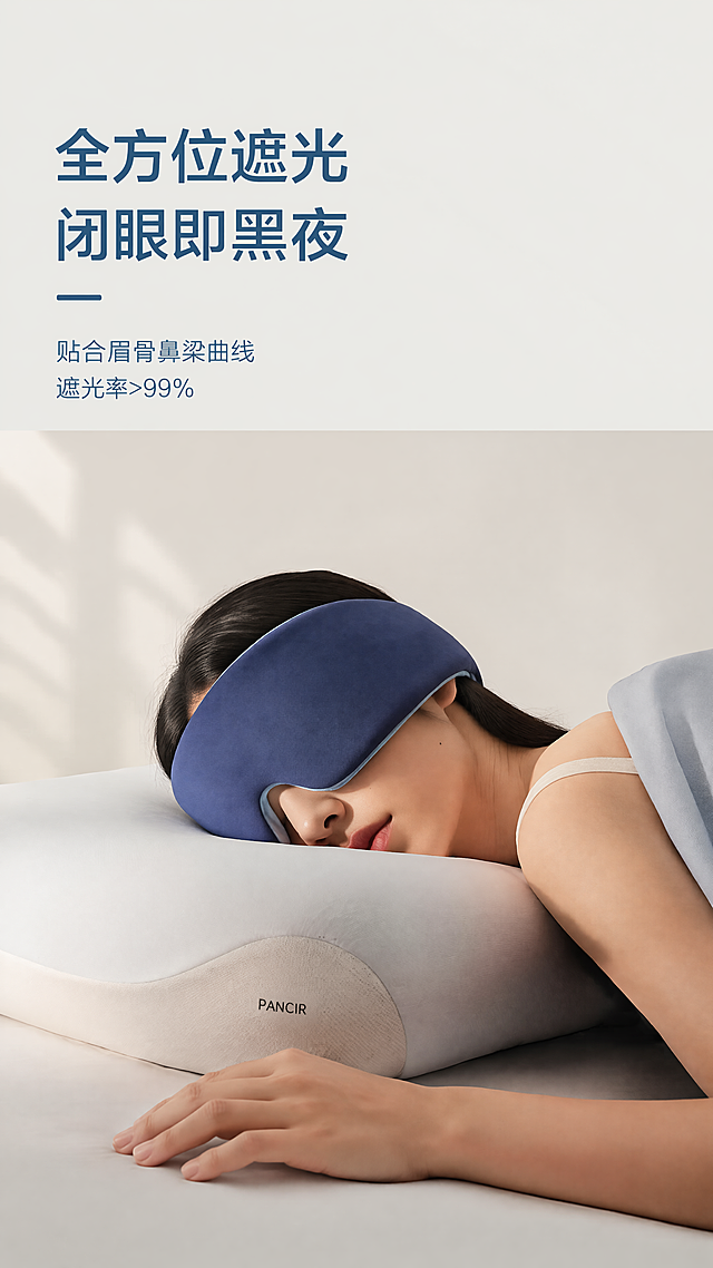 使用商品详情页技能根据商品图「图片1」生成1套详情页，参考图为「图片1」「图片1」「图片1」「图片1」「图片1」「图片1」「图片1」「图片1」「图片1」「图片1」，商品名称为重力睡眠眼罩，卖点为“物理褪黑素”，轻压助眠 约2509颗重力珠科学配比，温和均匀的体表压力 → 激活副交感神经 → 降低皮质醇 → 缓解睡前焦虑，从根源减少入睡阻碍。 >99% 全遮光，无惧漏光 贴合眉骨、鼻梁曲线，拒绝边角透光。办公室午睡、卧室遮光、户外露营、入睡困难……随时营造“黑夜级”睡眠环境。 穴位轻压，舒缓眼周 精准对应睛明、攒竹、太阳穴、丝竹空穴，轻压不压眼球，边放松边安眼。 四季舒适，软糯无异物感 自沾布设计，告别塑料魔术贴；轻柔包覆头部，不勒不压，四季可用。 恒定物理压力可使夜间褪黑素分泌量 提升32%。“轻压遮光双重加持，唤醒身体睡眠信号——你的专属物理褪黑素。”，适配平台为淘宝/天猫，图片比例为9:16，需求屏数为8张，其他要求为根据提供的内容，整理如下：  ---  ## 产品名称   **PANCIR 轻压感遮光助眠眼罩**（重力珠款）   *“轻压助眠，你的专属物理褪黑素”*  ---  ## 核心功能与特点   - **遮光率 >99%**：适合办公室午睡、卧室遮光、户外露营、入睡困难等场景   - **重力助眠**：约2509颗重力珠科学配比，温和均匀的体表压力，不重不压眼   - **穴位按压**：对应睛明、攒竹、太阳穴、丝竹空穴，轻压眼球周围穴位   - **贴合设计**：贴合眉骨、鼻梁，拒绝边角漏光   - **舒适佩戴**：自沾布设计，告别塑料魔术贴，软糯无异物   - **四季可用**：轻压感，四季安睡