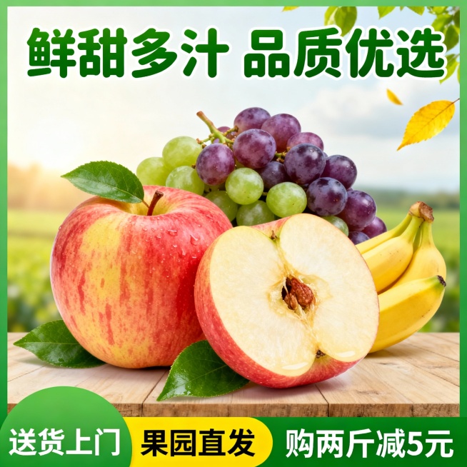 高清晰摄影风格水果海报，画面主体为新鲜饱满的水果（根据实际替换的水果调整，例如：红苹果/紫葡萄/黄香蕉），一个完整水果和一个切开的水果剖面，剖面展示鲜嫩果肉和果核细节，水果表面有自然光泽和细微纹理，附带1-2片翠绿新鲜的叶子。背景为明亮柔和的自然光线，浅景深效果，远处是模糊的绿色田野和天空，右上角有几片飘落的黄色叶子增添生机。主色调以替换水果的自然颜色为主（例如：苹果的红与黄/葡萄的紫与绿/香……电商主图商品主图预览效果