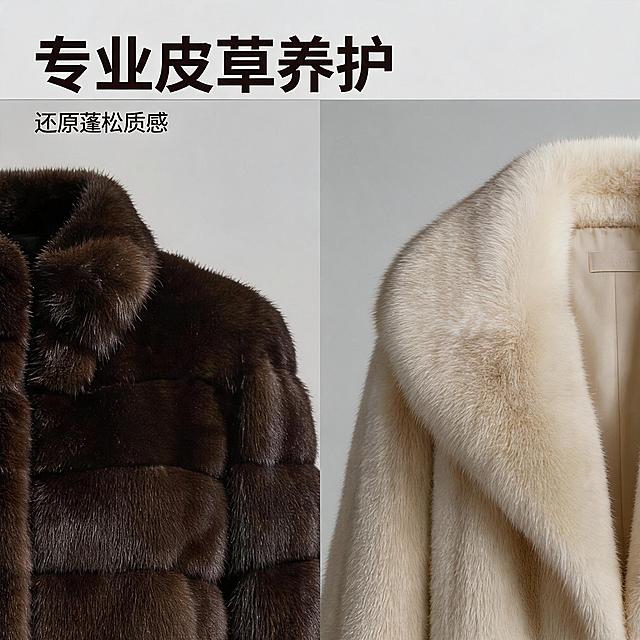 [主图-2] 皮草材质细节专业养护展示。高端奢侈风，质感呈现，商业摄影干净高级。左右分开展示深棕紫貂和米白水貂绒毛特写，保持材质颜色与原图一致，杜绝变形色差，占比70%，浅灰背景突出纹理。侧光突显绒毛光泽蓬松，明暗对比清晰。浅灰背景配双色皮草，柔和高级。特写居中构图。左上大字"专业皮草养护"深棕粗体，小字"还原蓬松质感"，不遮挡主体。1:1，2K，负向提示词：变形，水印，文字错乱，产品模糊，背景杂乱，违禁词。