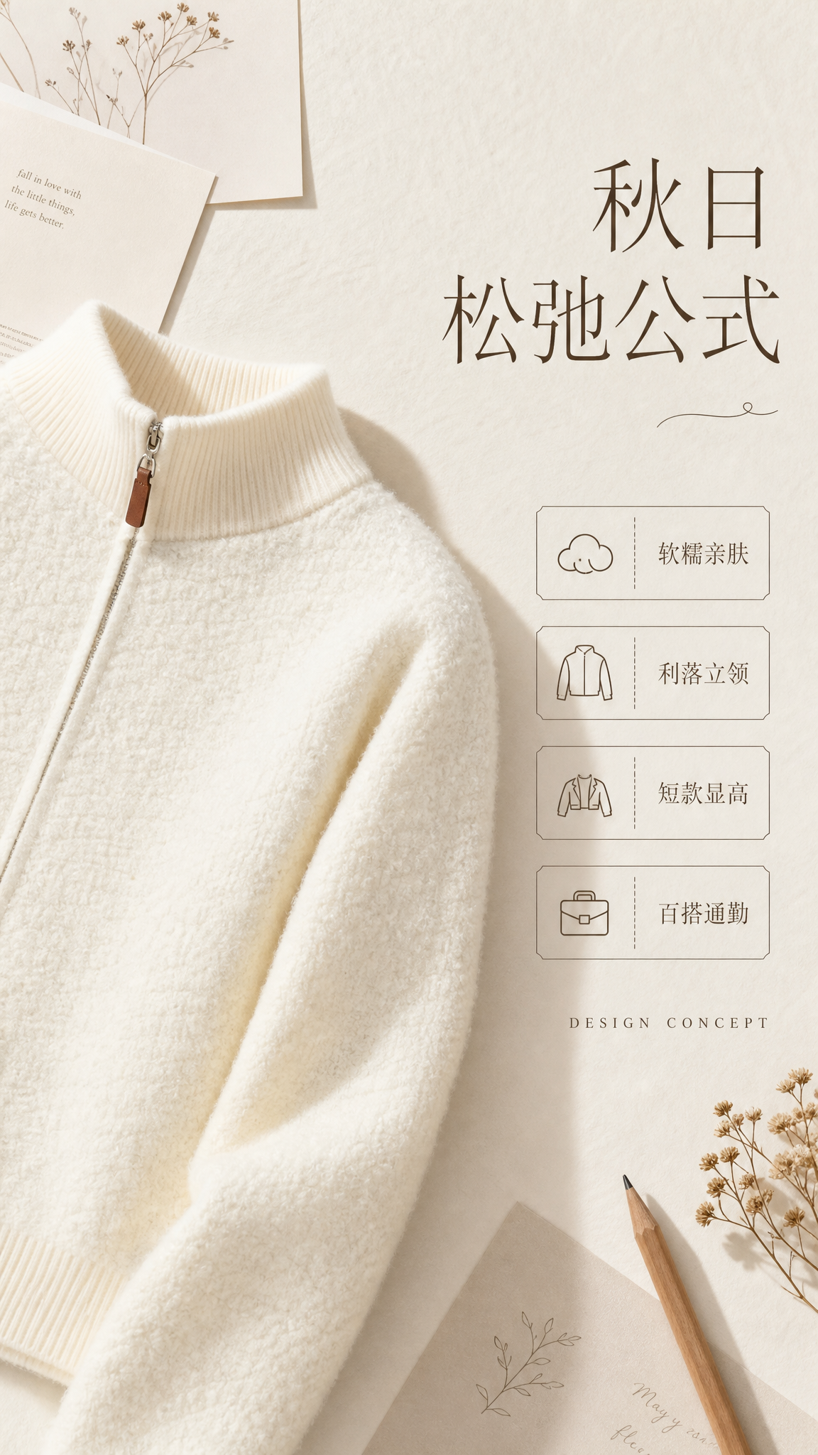 [第2张] 设计理念与风格关键词页-奶白色立领拉链针织开衫外套… - 图片创意预览