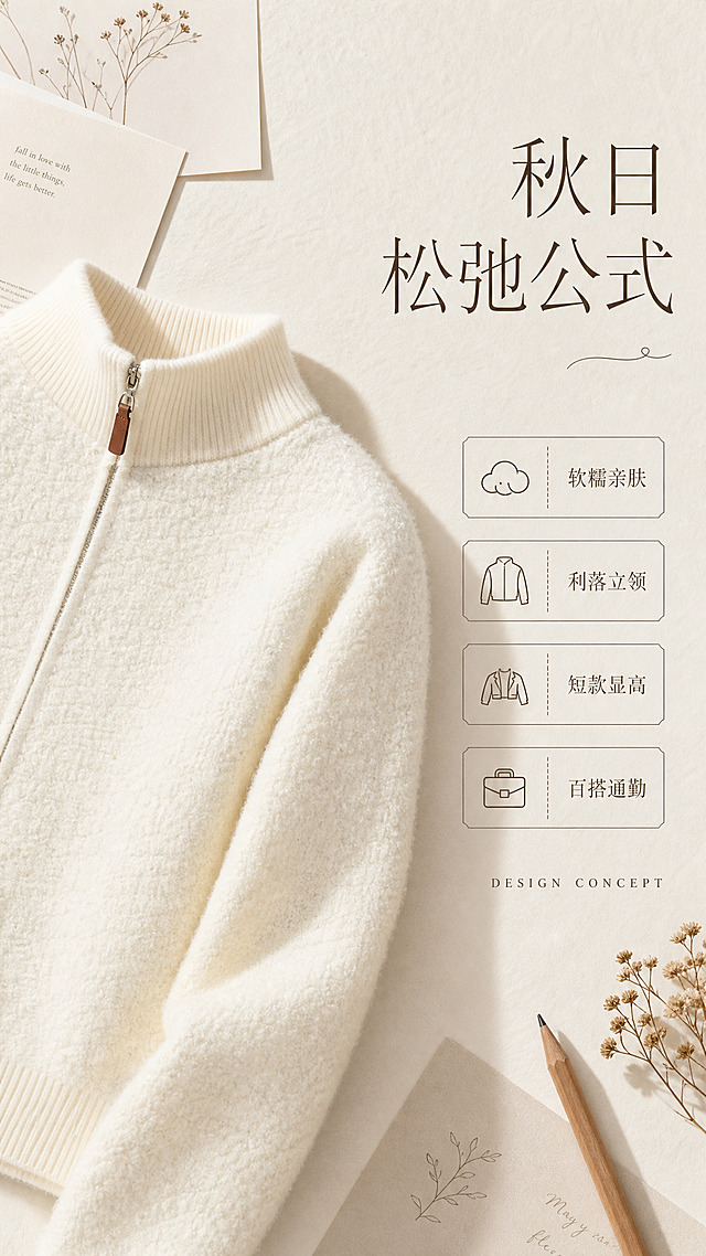 [第2张] 设计理念与风格关键词页-奶白色立领拉链针织开衫外套。本张使用【图1】作为商品主体局部展示。
[氛围/风格] 韩系杂志风，奶油米色基调，文艺感排版，高级商业质感。
[元素布局] 画面左侧为针织开衫45°斜侧局部特写，占比约45%，展示立领与肩部线条；右侧为大面积留白的文字区；背景为浅米色肌理纸质感，散落2-3张米白色卡片、一支木质铅笔、一小束干花作为装饰；保持奶白色圈圈纱面料、立领拉链结构与输入图一致。
[光影质感] 顶部漫射柔光，均匀明亮，阴影柔和浅淡，整体干净通透。
[配色色系] 全局底色 #F8F2E9（奶杏白）；主色米白+奶咖；辅助色浅棕、干花枯黄色。
[视角构图] 左图右文横向分割，阅读动线从右上标题 → 中部关键词 → 左下产品。
[文字版式] 右上主标题「秋日松弛公式」，纤细宋体大号字；下方排列4个风格关键词卡片：「软糯亲肤」「利落立领」「短款显高」「百搭通勤」，每个关键词配细线小图标；底部小号英文「DESIGN CONCEPT」；文字层级清晰，不拥挤。
[比例分辨率] 9:16 竖版比例，2K分辨率，文字清晰可辨，高清画质。
[负向提示词] 面料变形，颜色偏差，水印，文字错乱模糊，背景杂乱，结构错误。