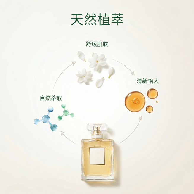 [主图 2] 天然植萃香水成分展示，香水瓶放置在画面底部居中位置，上方环绕悬浮新鲜茉莉花瓣、萃取精油水滴和3D分子结构，使用纤细灰色细线分别指向对应元素，清晰展示核心天然成分。背景为纯净浅米色渐变，柔预览效果