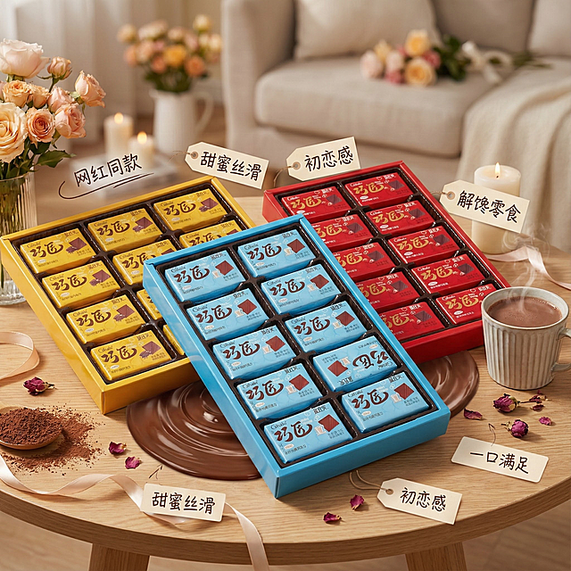 这张图片中的产品是巧克力，我在拼多多卖这款产品，以这款产品为原型帮我设计20张拼多多主图
文案要求：爆款推荐巧克力，网红同款零食，解馋零食，甜蜜丝滑，整盒美味，包装精美，一口满足，吃出初恋感