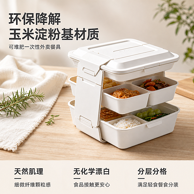 [主图-1] 玉米淀粉基可降解分层外卖餐盒环保餐具首图。氛围风格为干净简约的餐厨产品展示风，自然清新实用感。商业摄影质感，光线柔和通透，产品清晰真实，画面干净高级。分层打开的米白色环保餐盒居中摆放，装入轻食餐点展示分层分格设计，餐盒放置在浅原木色餐厨桌面上，搭配浅色餐布和一小束香草做点缀。保持产品外观物理结构材质质感颜色与输入产品图绝对一致，杜绝任何变形和色差，精细化处理。商品主体占比严格控制在70%左右，画面满屏无边框。柔和的侧向自然光从左侧打来，形成自然的明暗过渡，高光不溢，暗部有层次，突出产品自然纤维肌理质感。主色调米白原木浅色系，清新自然，契合环保产品定位。45°斜侧平视，餐盒为绝对视觉中心，景深适中，轮廓完整不裁切。左上负空间左对齐留安全边距，大字主文案写"环保降解 玉米淀粉基材质"，深灰色大号粗体无衬线；下方辅助文案写"可堆肥一次性外卖餐具"，约一半字号同色系。底部通栏均分三列，每列上短句下说明，左列：天然肌理 细微纤维颗粒感，中列：无化学漂白 食品接触更安心，右列：分层分格 满足轻食餐食分装，文字左对齐，深字浅底对比清晰。1:1比例，文字清晰可辨，超高清。负向提示词：变形，文字错乱，产品图模糊，背景杂乱，水印，电商平台Logo