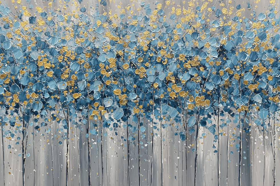 Abstract forest art painting, blue and gold color scheme, thick brushstroke texture, golden leaves w预览效果