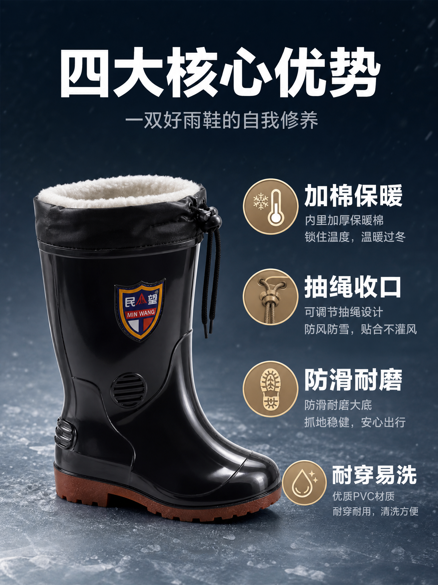 详情页第2张核心卖点总览页，民望男款冬季加棉雨鞋四大核心优势。… - 图片创意预览