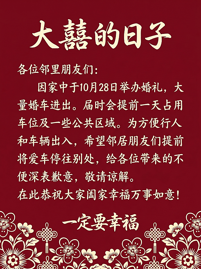 生成一张婚礼占用车位通知海报，酒红色背景，文字改为米白色，更换底部装饰图案，调整字体风格，包含文案：大囍的日子 各位邻里朋友们：因家中于10月28日举办婚礼，大量婚车进出。届时会提前一天占用车位及一些公共区域。为方便行人和车辆出入，希望邻居朋友们提前将爱车停往别处，给各位带来的不便深表歉意，敬请谅解。在此恭祝大家阖家幸福万事如意!一定要幸福，整体设计简约温馨，高清无模糊