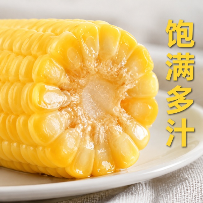 [主图-8] 横切面切开展示汁水细节，突出饱满多汁卖点。[氛围风格] 诱人食欲，新鲜多汁，真实直观。[画质] 商业摄影质感、光线柔和通透、产品清晰真实、画面干净高级。[元素] 一根玉米被横向切开，展示预览效果