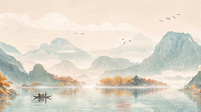 去掉画面右上方的红色太阳，将太阳位置用周围的天空云朵和远山云雾自然填充，保持天空整体色调统一和谐，其他所有元素（山、云、飞鸟、渔船、树木、湖面等）保持不变，整体风格和色调保持一致