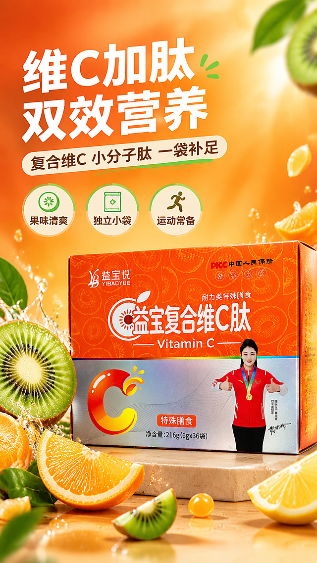 [商品] 使用【图1】益宝复合维C肽包装盒，保留包装盒完整结构与正面设计：橙红主色调、上方品牌“益宝悦 YIBAOYUE”、中央大字“益宝复合维C肽”、英文“Vitamin C”、猕猴桃切面C字图形、彩虹横条、银灰渐变下半区、红色“特殊膳食”标签、净含量“216g (6gx36袋)”、PICC中国人民保险标识、冠军运动员人像与签名等全部原貌，不替换、不改写包装上任何文字与图案。
[画面] 第1张头图，目标突出产品全貌与营养活力：产品包装居中偏右，占画面65%，完整不裁切；左半为文案区，前景环绕新鲜猕猴桃切面、橙子瓣、柠檬片、水滴飞溅和果粒，营造食欲与新鲜感；背景为明亮橙红渐变与柔和光晕，画面层次前中后分明。
[视觉] 套系策略：风格=活力健康运动营养商业摄影；标题字=现代无衬线粗体；正文字=简洁无衬线体；主色=活力橙红；背景延展=橙红、米白、浅金的明亮渐变，辅以猕猴桃绿与柠檬黄局部点缀；强调色=猕猴桃绿，仅用于图标、引线与标签；标题色=白色；正文色=深炭棕；组件=圆角浅色信息卡、细线引线、圆形图标；光影=明亮自然光与柔和暖调商业光。
[文字] 左上文案区：主标题“维C加肽 双效营养”，副标题“复合维C 小分子肽 一袋补足”，下方3个圆形信息点“果味清爽”“独立小袋”“运动常备”；文字全部横向排版，大字清晰，不遮挡包装主体。
[规格] 图片比例9:16竖版，4K；避免包装变形、错字、文字过小、冷蓝/蓝灰背景、水印、平台Logo、绝对化用语。