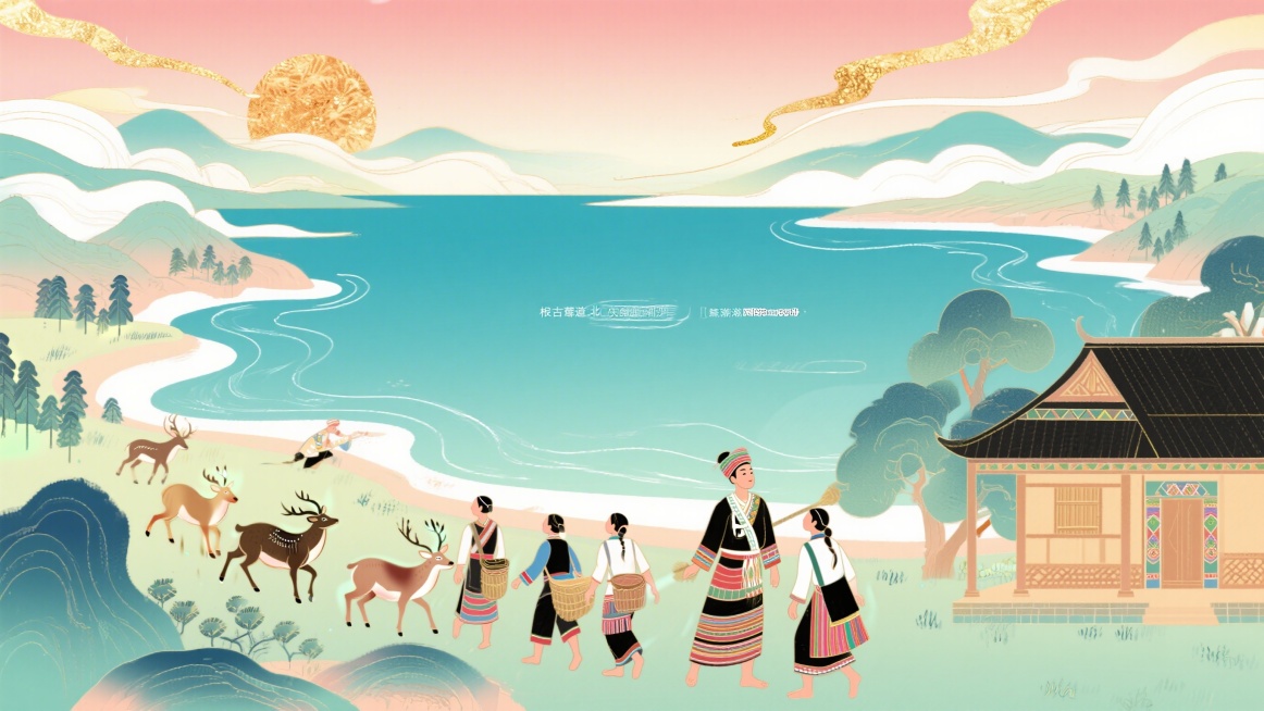 拉祜族根古章节北氐南氐可，画面展现遥远北方的牡必密必地方，有天神厄莎造的大湖泊“糯海厄”，拉祜族人在此撵山狩猎，与汉族人共同生活。后来因争地盘发生战争，拉祜人在头人带领下准备南迁，建筑服饰要有拉祜族的预览效果