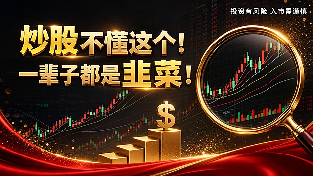 金融股票公众号封面图，16:9横版，参考图风格：黑金红配色，高端大气，底部红色绸缎装饰，金色立体元素。画面左侧为两行大标题文字，第一行"炒股不懂这个！"，第二行"一辈子都是韭菜！"，标题字体为深金色立体粗体字带发光效果，"炒股"和"韭菜"关键字用亮金色突出显示，字体配色多样合理有层次感，标题醒目大气。右上角有白色小字风险提示："投资有风险 入市需谨慎"。背景为深灰色渐变，包含红绿K线图、股票实盘界面、多条均线上升趋势线等金融相关画面，右侧有金色放大镜放大K线细节，底部有金色立体美元符号站在上升台阶上，金色光效粒子点缀，整体风格高端专业，除了指定标题和风险提示外不要添加其他文案内容。