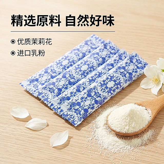 [主图 3]伯牙绝弦轻乳茶产品细节与原料展示。
[氛围风格] 细节特写，天然新鲜，突出优质原料质感；
[画质] 商业摄影微距质感、清晰锐利、光线通透，细节纹理真实。
[元素] 特写展示四支独立小包装整齐排列在浅木纹桌面，旁边散落新鲜茉莉花瓣和一小勺乳粉，乳粉粉质细腻清晰可见。保持独立包装蓝白青花瓷纹样与参考图一致，精细化处理纹理，杜绝变形色差。商品主体占比约70%，画面干净无遮挡。
[光影] 自然侧光，突出粉质细腻质感，花瓣纹理清晰，包装花纹锐利。
[配色] 蓝白为主，搭配原木色浅背景，点缀茉莉绿色。
[视角构图] 略带俯视角度，微距特写，景深适中，包装完整展示。
[文字版式] 左上角标题 "精选原料 自然好味"，下方引线标注：◉ 优质茉莉花 ◉ 进口乳粉，字体清晰，颜色对比强烈，不遮挡产品主体。
[比例分辨率] 1:1 比例，2k 分辨率，文字清晰可辨，超高清。
[负向提示词] 变形，水印，文字错乱，产品图模糊，背景杂乱，文字遮挡主体