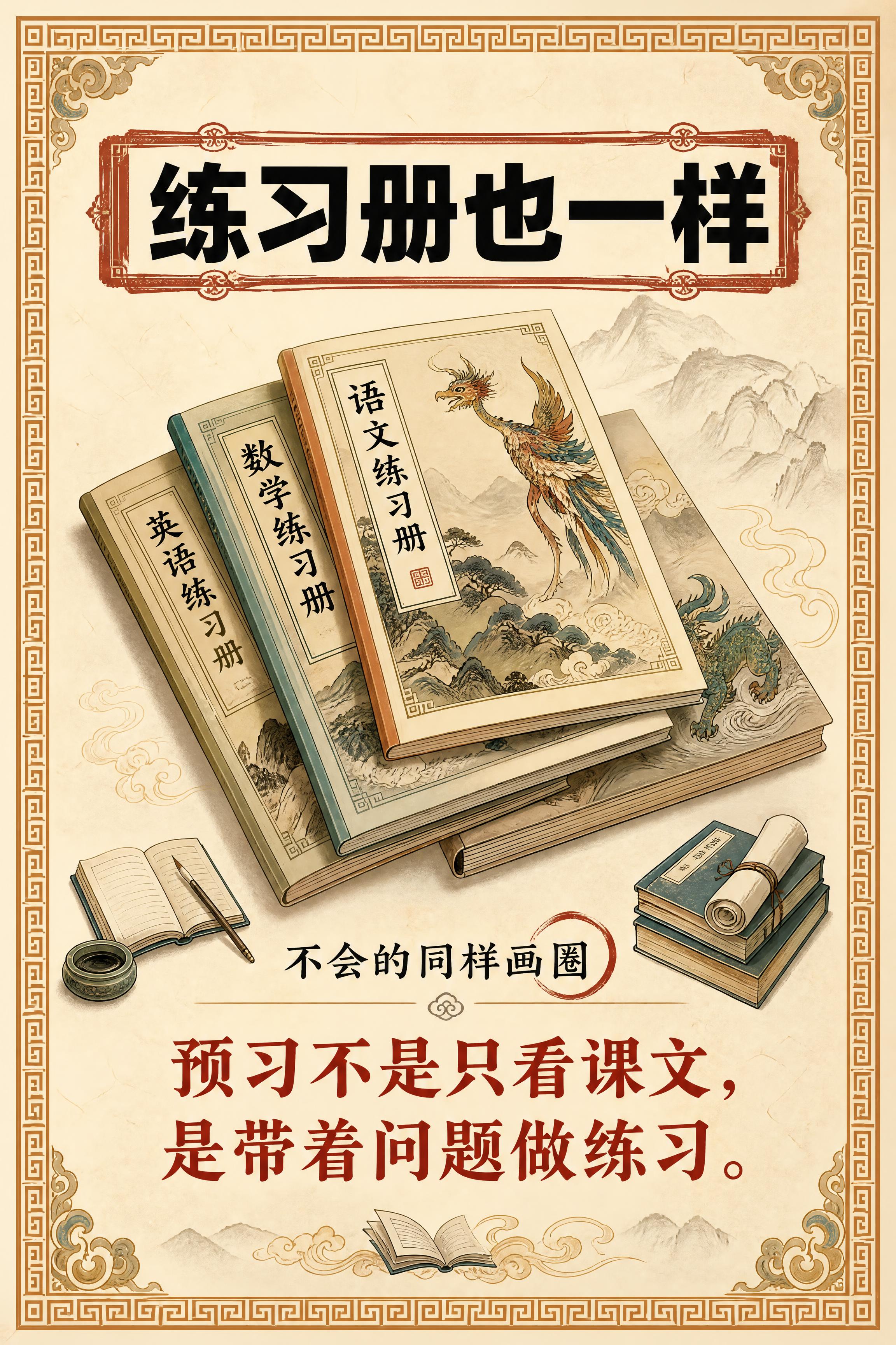 小红书笔记内页，练习册同步做说明，国风山海经风格，米黄色宣纸纹… - 图片创意预览
