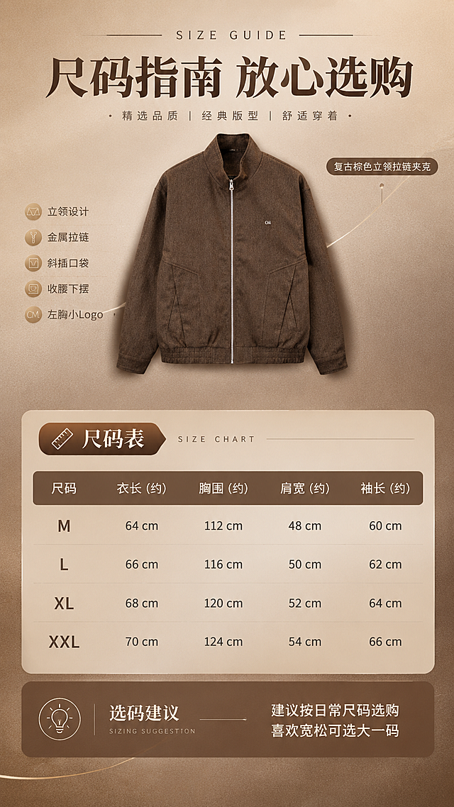 [商品] 使用【图1】复古棕色立领拉链夹克；商品处理：保留立领、金属拉链、斜插口袋、短款收腰下摆、左胸小Logo、棕色肌理面料和整体版型；自然去除衣身杂乱褶皱，理顺垂坠，增强面料纹理、缝线、拉链五金和口袋边缘质感，不改变版型、颜色和结构。
[画面] 目标为尺码信息页，提供选码参考；上下构图，上方为夹克正面平铺小图（占画面约25%），下方为尺码表格与选码建议；背景为浅棕渐变质感底，搭配柔和投影和细线条装饰，整体简洁专业。
[视觉] 套系策略：风格=复古都市轻熟风高级商业摄影；标题字=现代衬线粗体；正文字=简洁无衬线体；主色=复古棕咖；背景延展=基于棕咖色做深浅层级、同色渐变和细腻织物/纸张质感；强调色=米金色，仅用于小面积图标、引线和标签；标题色=深棕咖；正文色=暖灰棕；组件=圆角浅棕信息卡、细线引线；光影=左前侧暖柔光，右侧轮廓光。
[文字] 顶部主标题「尺码指南 放心选购」，中间为尺码表（含M/L/XL/XXL，衣长、胸围、肩宽、袖长字段，数值用约数表达），底部选码建议：「建议按日常尺码选购，喜欢宽松可选大一码」；文字全部横向排版，表格清晰，手机端可读。
[规格] 图片比例9:16竖版，4K分辨率，medium质量；避免变形、错字、文字过小、冷蓝背景、衣服颜色改变、版型失真、白底孤立。