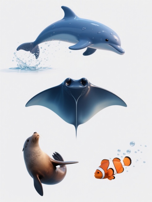 系列海洋动物素材集合，采用与原图一致的3D写实风格，纯白纯色背景，画面规整排布四个完全不同的海洋动物元素内容，每个动物均呈现为半立体悬浮效果，保持细腻的蓝色渐变色调与光滑湿润的皮肤质感，带有飞溅的水珠细节；第一个为跃出水面的蓝色海豚，身体呈优美弧线，尾鳍带动水花；第二个为旋转的海狮，头部抬起，前鳍舒展，身体覆盖光泽的棕褐色毛发；第三个为展开双鳍的蝠鲼，菱形身体呈现深蓝色渐变，边缘带有浅色高光；……预览效果