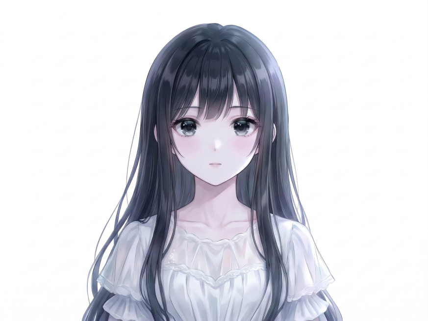 按照参考图的色调，将人物头发、皮肤、衣服调整为冷色调，营造清冷感，保留人物原有特征、清透黑眼睛和纯白色背景预览效果