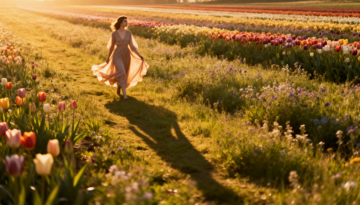 宁静的女性行走在无边郁金香和野花花田中，柔和的春风吹动飘逸长裙，金色夕阳光线投射出修长影子，电影级宽镜头构图，国家地理级别旅拍摄影，温暖色调处理，梦幻大气透视感，专业风景摄影，浪漫春日氛围预览效果