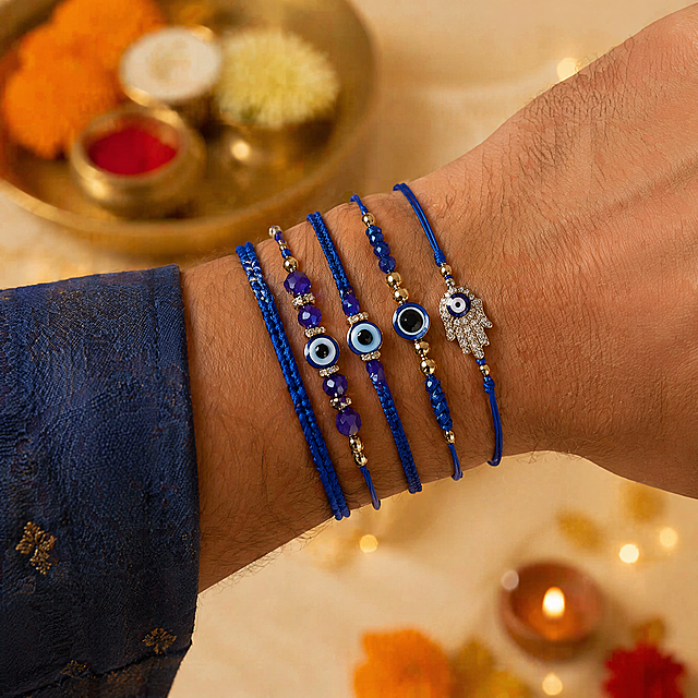 Close-up of an Indian brother's wrist wearing the complete set of blue evil eye Rakhi bracelets. Keep all bracelets' design color same as original. Warm natural light, soft traditional festival background. Focus on the bracelets on wrist, show the actual wearing effect. 1:1 2048px. Negative prompt: deformation, Chinese text, blurry product