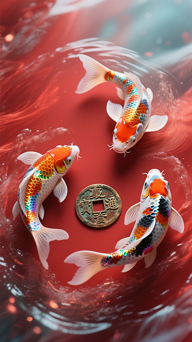 喜庆中式插画风，软3D锦鲤环绕古币，寓意富贵吉祥。