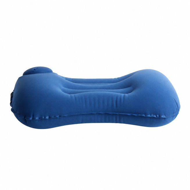 Generate a full side view main image for a navy blue inflatable pillow to show the ergonomic contour预览效果