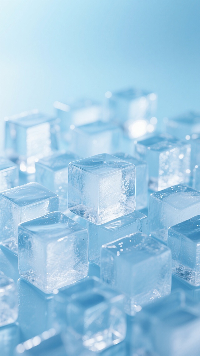 大量透明立方体冰块紧密排列，冰块表面光滑有光泽，带有自然的棱角和细微的冰晶纹理，整体呈现出纯净的淡蓝色调，背景为渐变的浅蓝色，光线从上方柔和照射，冰块边缘有明亮的高光，内部有通透的质感，营造出清凉、洁净、通透的氛围。