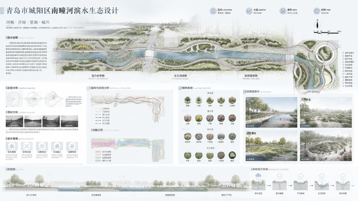 8K高清，顶级画质，景观专业竞赛展板，青岛市城阳区南疃河滨水生态设计，A1横版，网格排版，版式高级干净；北方城市河道风貌；整体淡彩色系，浅灰、淡湖蓝、浅嫩绿、米白柔和配色，低饱和度淡雅质感；线条清爽规预览效果