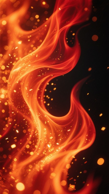 深邃黑色背景上，流动着非具象化的火焰背景，以橙红、赤红为主色调，火焰呈现出柔和飘逸的抽象形态，边缘模糊过渡，点缀着大量金色与橙黄色的细小火花和光斑，整体光影层次丰富，高光处明亮但不过曝，阴影处深邃神秘，营造出热烈而富有动感的氛围，画面具有细腻的颗粒感和梦幻的光斑效果，色彩和谐统一，视觉上呈现出流动的韵律感。预览效果