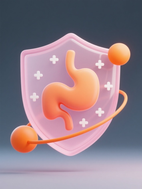 一个半透明的粉色盾牌图标，盾牌中心有一个橙色的肠胃抽象图形，肠胃图形有柔和的渐变效果，盾牌周围有两个橙色的圆形装饰和一条橙色的弧线，弧线从左下角延伸到右上角，盾牌上还有多个白色的十字符号，整体风格干净简洁，符合现实逻辑，适用于背景素材使用。预览效果