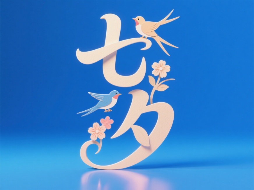 竖向浅色文字"七夕"，线条流畅，纸雕艺术字。创意字体设计点缀两只喜鹊、花朵元素，童趣活泼。蓝色背景，浪漫七夕氛围。预览效果