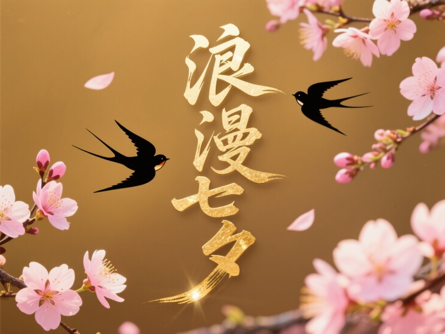 文案竖版“浪漫七夕”文字，金色水墨，点缀桃花，燕子剪影，古朴的棕黄色为背景，古风元素，国风预览效果
