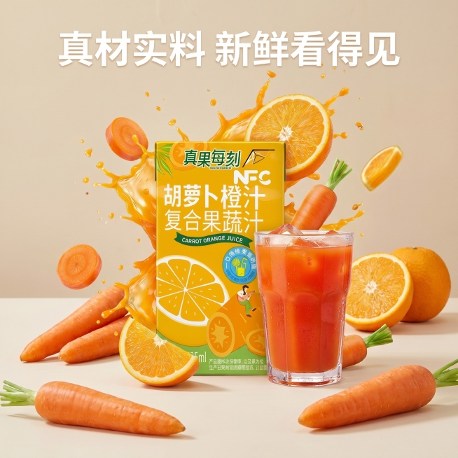 [主图 3] 胡萝卜橙汁成分原料展示主图。保持原产品包装盒不变，替换为更优美的高质感玻璃杯。将产品包装盒放置在画面中心偏上位置，周围干净有序摆放新鲜完整的胡萝卜、对半切的橙子，展示天然真实原料。背景为预览效果