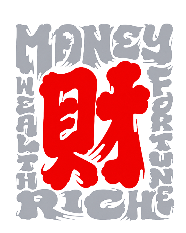 扩大图片比例，将主文字财字从绿色修改为红色，保留原有设计：四周环绕灰色装饰英文，白色背景，潮流街头涂鸦字体风格不变