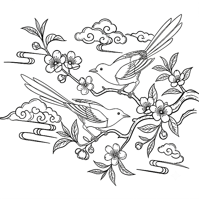 两只鸟栖息在开花的枝头，搭配祥云图案，线条简洁流畅，适合用于传统节日或文化宣传场景