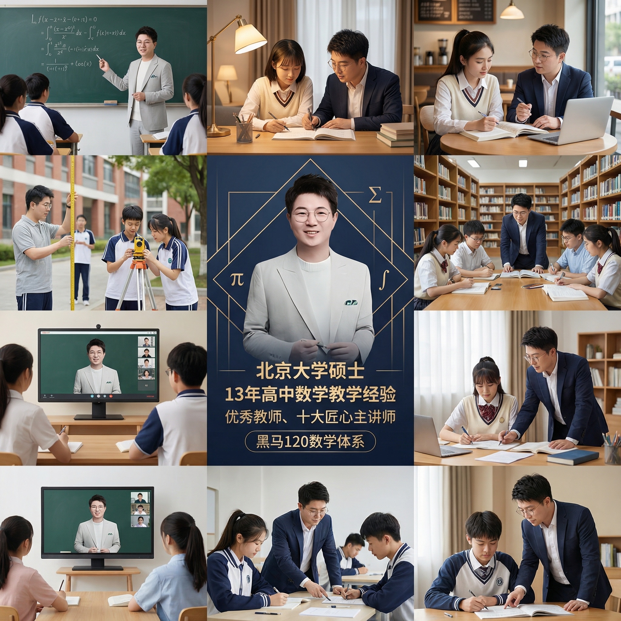 帮我生成关于高中数学的九宫格图片，要有老师和学生，老师的脸帮我… - 图片创意预览