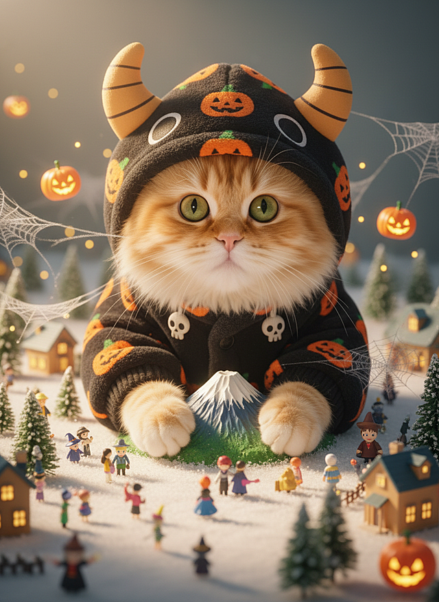 让图片1的小猫变成巨型小猫，穿着怪兽造型的宠物服，抱住玩具模型的富士山，周边是玩具雪景和玩具小树，以及玩具城市和玩具小人。可爱的万圣节氛围的背景