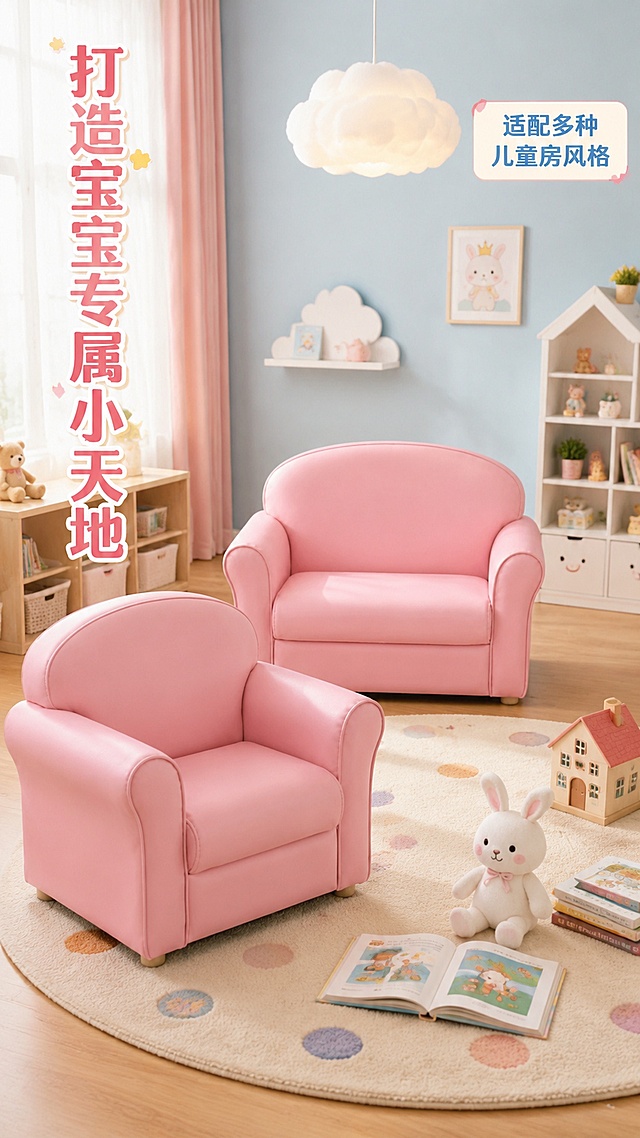 [第2屏] 场景种草屏：儿童组合沙发在童趣儿童房的整体搭配展示。本屏使用【图1】单人沙发、【图2】双人沙发分别布置在空间合适位置。
[氛围/风格] 温馨真实的儿童房实景，充满童趣和生活感，明亮柔和光线，自然清新氛围感。
[元素布局] 将双人款沙发放置在视觉中心靠后位置，单人款斜放在靠前一侧，周围搭配儿童地毯、绘本、小玩偶、云朵吊灯元素，营造完整儿童房场景；两款沙发的粉色外观、结构轮廓与原图保持一致。
[光影质感] 自然光从左侧窗户照射进来，整体光影柔和通透，空间有明暗层次，沙发立体感强。
[配色色系] 全局底色 #FAF5F5，主色柔粉色沙发，辅助色浅蓝墙面、米色地毯、彩色玩具点缀，整体配色活泼干净。
[视角构图] 略微俯视的空间展示视角，景深适中，突出两款沙发在空间中的搭配效果，阅读动线从上到下。
[文字版式] 左侧竖向主标题「打造宝宝专属小天地」，右侧浅底圆角框标注「适配多种儿童房风格」，文字排版清新，不遮挡沙发主体。
[比例分辨率] 9:16 竖版比例，2K分辨率，文字清晰可辨，高清画质。
[负向提示词] 沙发变形，颜色失真，结构错误，背景杂乱，文字模糊