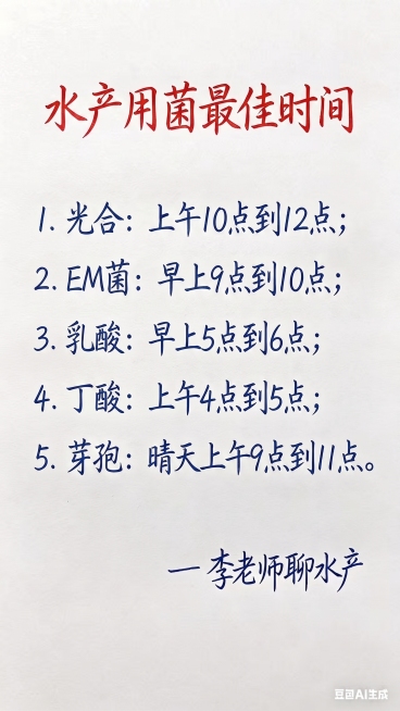 参照原图片的字体和颜色，替换文字内容为新内容，一字不差，保持排版布局合理，背景为白色。标题红色手写字体：水产用菌最佳时间，内容蓝色手写字体，分点列出：1. 光合：上午10点到12点；2. EM菌：早上预览效果
