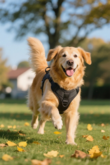 给奔跑的金毛犬戴上黑色背带，保留原图的户外草地场景、光线和整体风格不变，只添加黑色背带预览效果