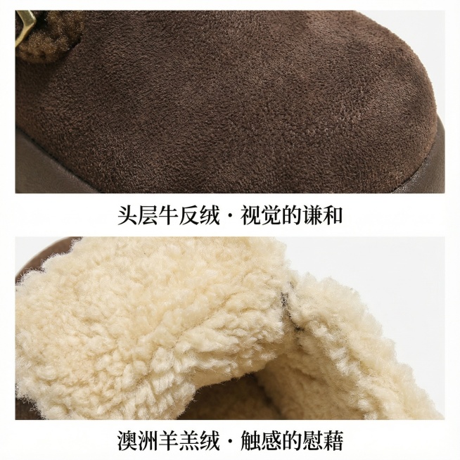 构图：上下分割排版。

上部：牛反绒鞋面微距特写，展示绒毛细腻纹理。

下部：鞋内羊羔绒内里翻出特写，展示厚实柔软的绒毛。

文案标签：在对应部位标注「头层牛反绒 · 视觉的谦和」与「澳洲羊羔绒 ·预览效果