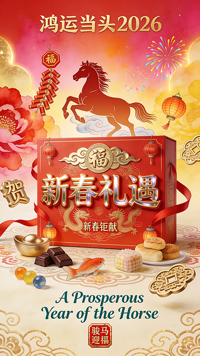 国潮风融合重拟物与鎏金质感，浮雕龙纹礼盒彰显中式喜庆，水彩花云烘托新春氛围，马年元素传递民族祝福。
