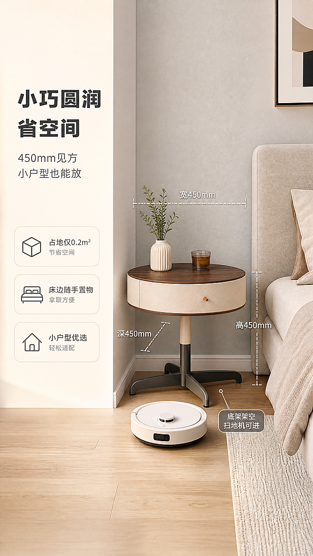 [商品] 使用【图1】DL-8830圆形床头柜；保留完整圆形造型、尺寸比例、不锈钢底架高度；商品处理：正视角展示，标注尺寸线，融入小户型卧室场景，不改变产品结构颜色。
[画面] 目标：空间尺度与占地说明，展示450×450×450mm小巧尺寸与小户型适配性。构图：左文右图，左侧约1/3尺寸说明区，右侧约2/3卧室场景+产品尺寸标注；产品放置在卧室墙角小空间旁，旁有扫地机示意可通过底架；主体占画面40%；景别：中景，前景扫地机参照物，中景床头柜与尺寸线，后景卧室墙面与地面；阅读动线从左尺寸说明向右看产品标注。场景：小户型卧室角落，浅木地板，浅灰墙面，体现紧凑空间也能轻松放下。
[视觉] 套系策略：风格=轻奢现代家居商业摄影；标题字=现代无衬线粗体中文；正文字=简洁无衬线体；主色=暖米白+胡桃木棕；背景延展=基于暖米白做深浅层级、同色渐变和细腻墙面/织物质感；强调色=浅灰钛金属色，仅用于小面积图标、引线和标签；标题色=深炭灰；正文色=中暖灰；组件=圆角浅底信息卡、细线引线、胶囊卖点框；光影=左前侧暖柔光，自然光为主，产品受光均匀，金属底架有柔和高光反射。
[文字] 左侧文案区：主标题「小巧圆润 省空间」（7字），副标题「450mm见方 小户型也能放」（12字）；右侧产品配虚线尺寸标注：「宽450mm」「深450mm」「高450mm」，底架旁标注「底架架空 扫地机可进」；文字横排，手机端清晰可读。
[规格] 图片比例9:16竖版，4K分辨率，淘宝/天猫详情页适配，简体中文；避免变形、错字、文字过小、冷蓝/蓝灰背景、产品结构改变、颜色失真、极限词。