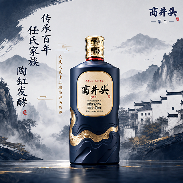高井头翠兰白酒单瓶展示，背景是水墨徽派山水，配文“传承百年任氏家族陶缸发酵 安庆九头十三坡高井头原香”，正方形商品图，深蓝质感，文字排版协调，国风雅致