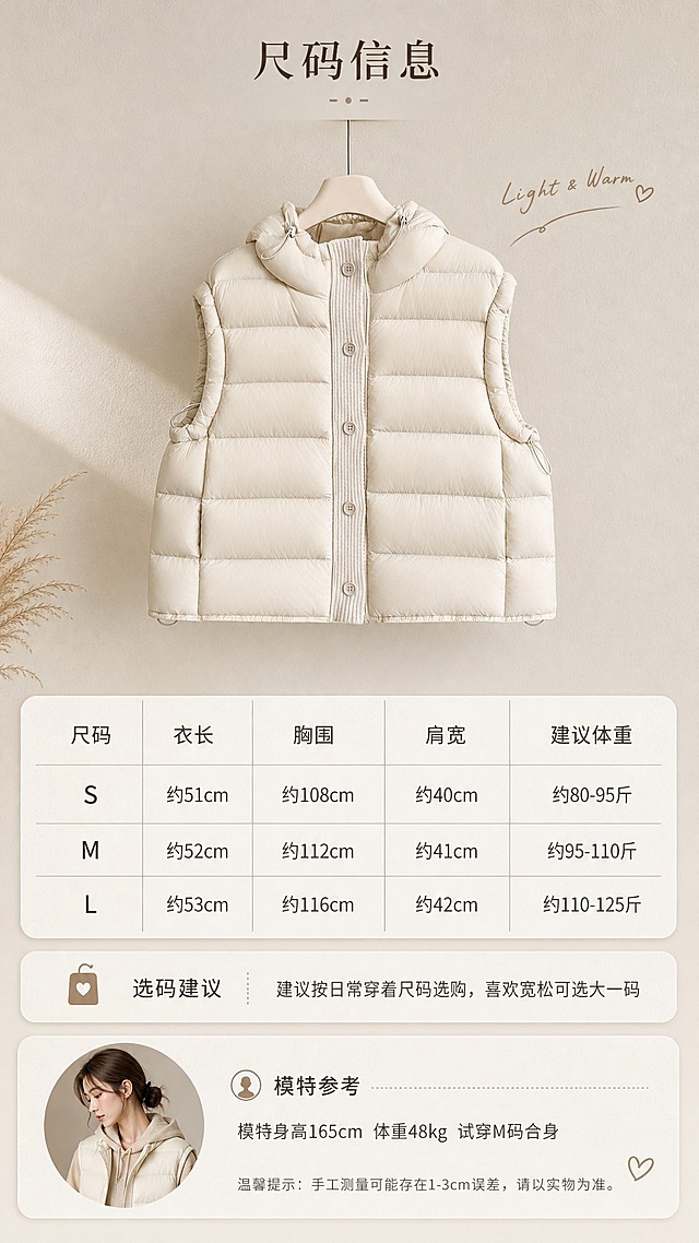 [商品] 使用【图1】奶白色连帽羽绒马甲；商品处理：保留连帽抽绳、单排五颗纽扣门襟、横向绗缝、袖窿抽绳、短款版型、奶白色和轻薄羽绒面料；自然去除衣身杂乱褶皱与压痕，理顺垂坠，增强羽绒蓬松感、缝线纹理、纽扣和抽绳五金质感，不改变版型和结构。
[画面] 目标：尺码信息与选购建议页。构图：上方为马甲正面平铺图（挂拍），下方为尺码表格+选码建议文字区，底部有模特身高体重参考信息。背景为浅米色纸面质感，表格用细线条设计，整体干净清晰。产品平铺图占画面40%，阅读动线从上到下。
[视觉] 套系策略：风格=韩系极简温柔风商业摄影；标题字=纤细优雅宋体衬线体；正文字=简洁无衬线体；主色=奶白米杏；背景延展=基于奶白米杏做深浅层级、同色渐变和细腻织物/哑光墙面质感；强调色=奶茶棕，仅用于小面积图标、引线和标签；标题色=深暖棕；正文色=中暖灰；组件=圆角浅底信息卡、细线引线、手写英文小字装饰；光影=左前侧暖柔光，柔和阴影。
[文字] 顶部主标题"尺码信息"，下方表格列：尺码、衣长、胸围、肩宽、建议体重；行：S、M、L（数据用"约XXcm"保守表达）；表格下方选码建议："建议按日常穿着尺码选购，喜欢宽松可选大一码"；底部模特参考："模特身高165cm 体重48kg 试穿M码合身"；文字清晰可读，手机端可辨。
[规格] 图片比例9:16竖版，4K，避免变形、错字、文字过小、冷蓝/蓝灰背景、马甲颜色改变、版型失真、极限词。