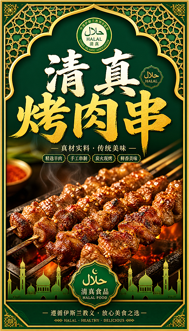 清真风格烤肉串灯箱展示广告，竖版设计，画面主体为油亮诱人的烤羊肉串，带有清真特色绿色建筑纹样装饰边框，整体风格干净庄重，带有清真标识，色彩浓郁醒目适合户外灯箱展示，标题突出"清真烤肉串"