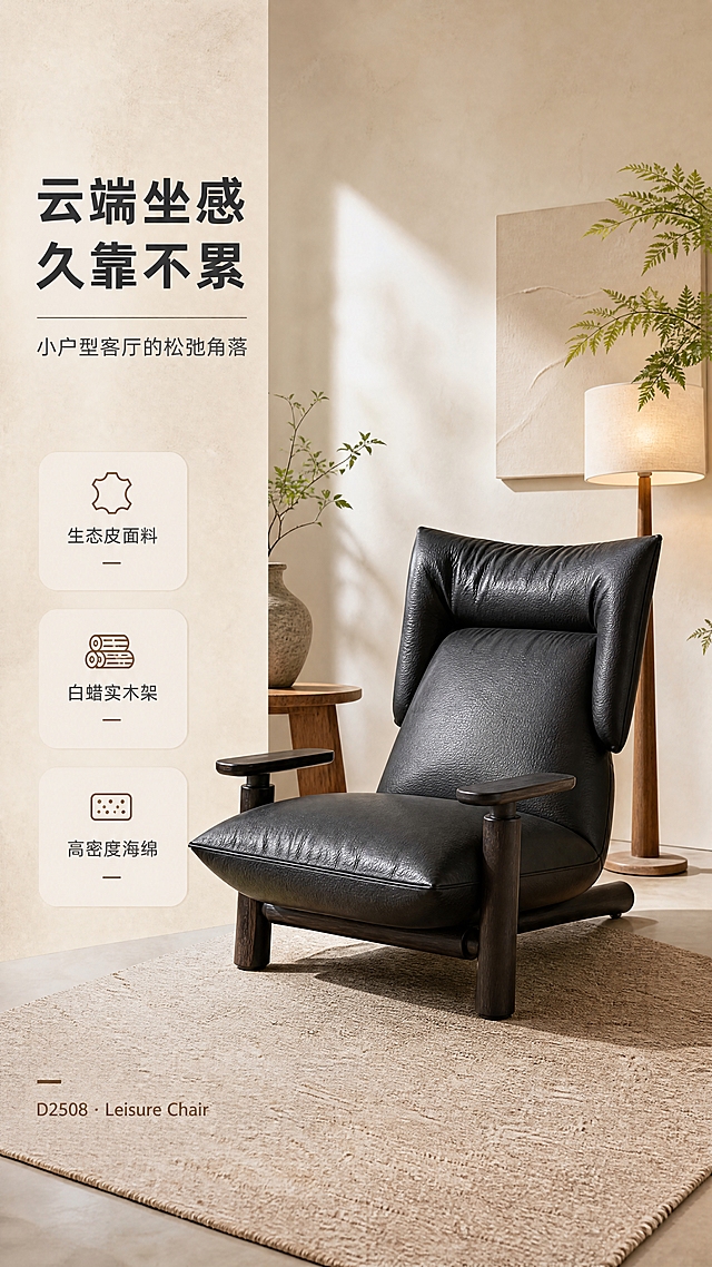 [商品] 使用【图1】黑色生态皮白蜡木休闲椅D2508；保留高靠背双翼造型、宽厚坐垫、圆柱形实木扶手、白蜡实木椅腿与底架结构、黑色生态皮面料颜色与质感；增强皮革纹理、实木木纹与缝线细节，不改变产品结构与比例。
[画面] 目标：整屋生活方式头图，展示休闲椅在现代侘寂风客厅中的全貌与氛围感。左文右景构图，左侧约1/3竖列文案区，右侧大场景产品主体占画面60%。产品45°侧前方摆放，前景为浅米色地毯，中景休闲椅+原木小边几+陶瓷花瓶，后景为米白墙面+暖光落地灯+绿植，营造慵懒午后居家氛围。阅读动线从左上标题到右下产品。
[视觉] 套系策略：风格=现代侘寂高级家居商业摄影；标题字=现代无衬线粗体；正文字=简洁无衬线体；主色=炭黑+米杏；背景延展=基于米杏色做深浅层级、同色渐变和细腻微水泥/织物质感；强调色=暖棕木色，仅用于小面积图标、引线和标签；标题色=深炭灰；正文色=中暖灰；组件=圆角浅底信息卡、细线引线、胶囊卖点框；光影=左前侧暖柔光，自然窗光感。
[文字] 左侧竖列：主标题「云端坐感 久靠不累」，副标题「小户型客厅的松弛角落」，亮点条3条「生态皮面料」「白蜡实木架」「高密度海绵」，底部英文角标「D2508 · Leisure Chair」。文字不遮挡椅子主体。
[规格] 图片比例9:16竖版，4K分辨率，quality=medium。避免变形、错字、文字过小、冷蓝/蓝灰背景、产品颜色改变、结构失真、极限词。